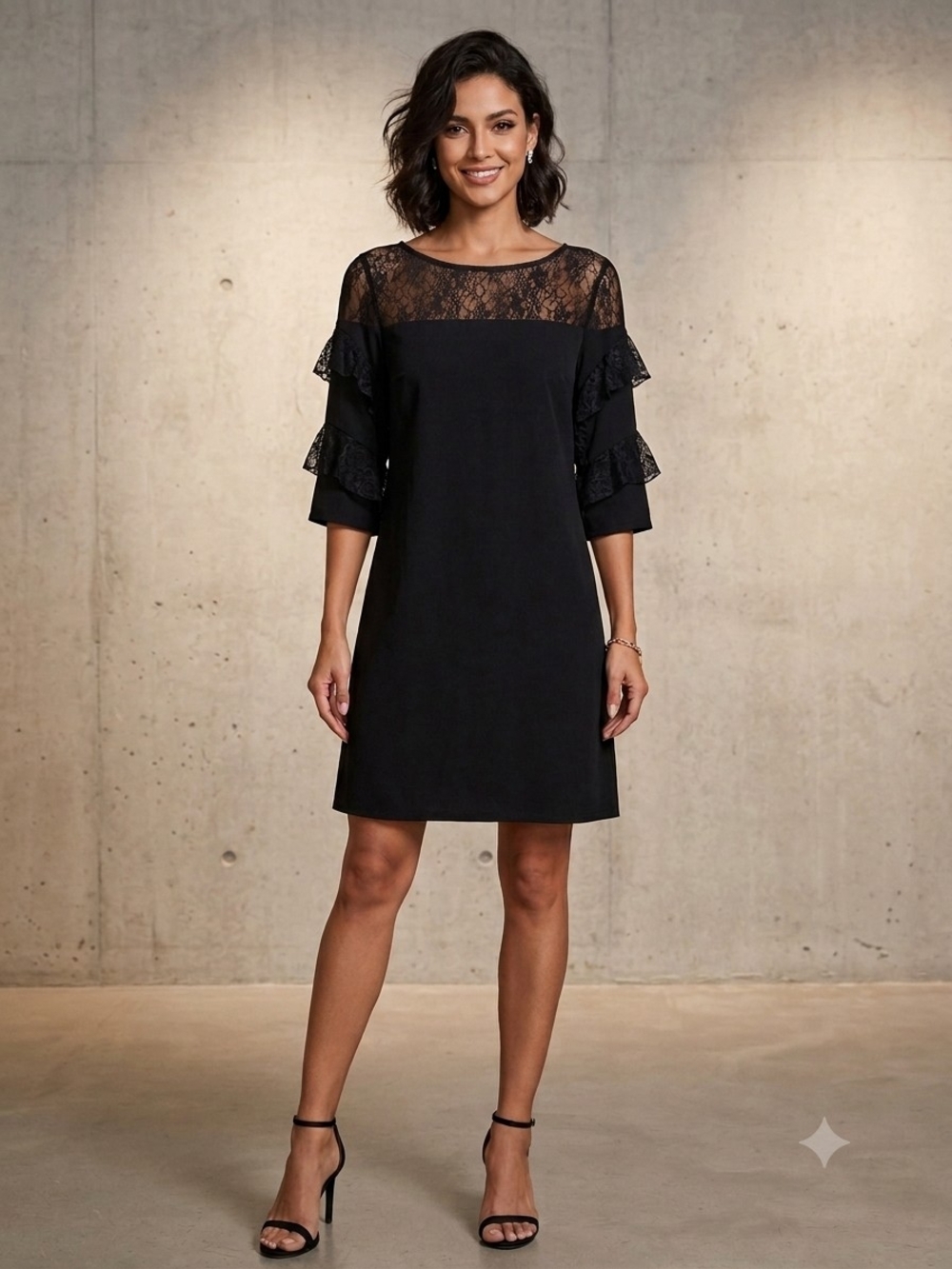 Roz & Ali Black Lace Yoke Ruffle Sleeve Mini Dress